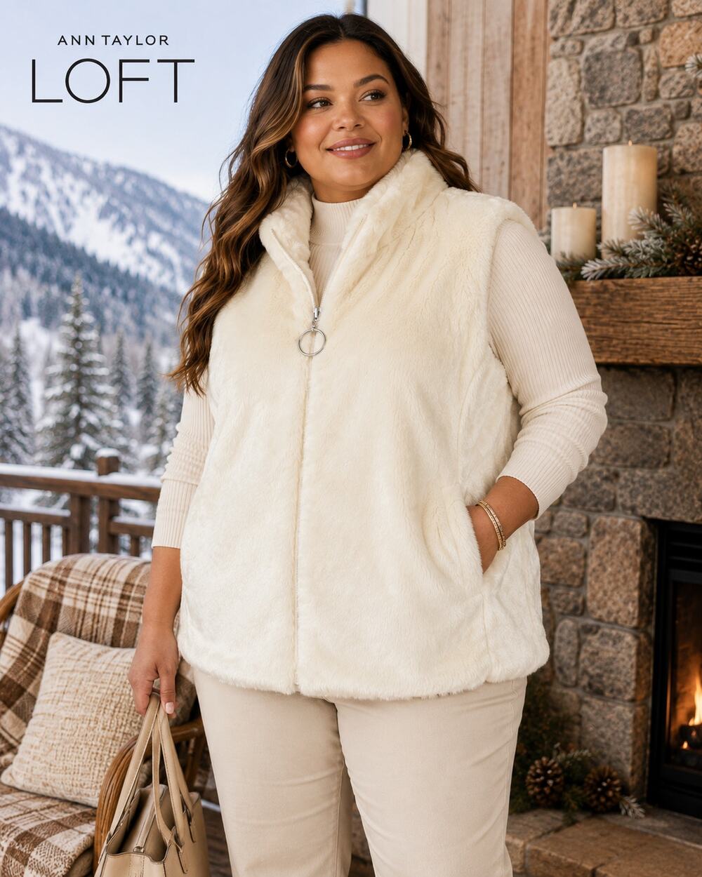 Ann Taylor LOFT Ivory Faux Fur Zip Vest Large
